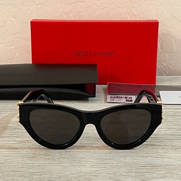 New Saint Laurent Cateye Sunglasses Black Gold YSL with Case Box Authentic - Picture 2 of 9